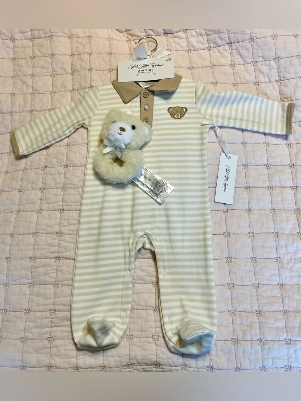 Saks Fifth Avenue 2 -Piece Set Striped Romper with Teddy Bear Rattle 3-6 months